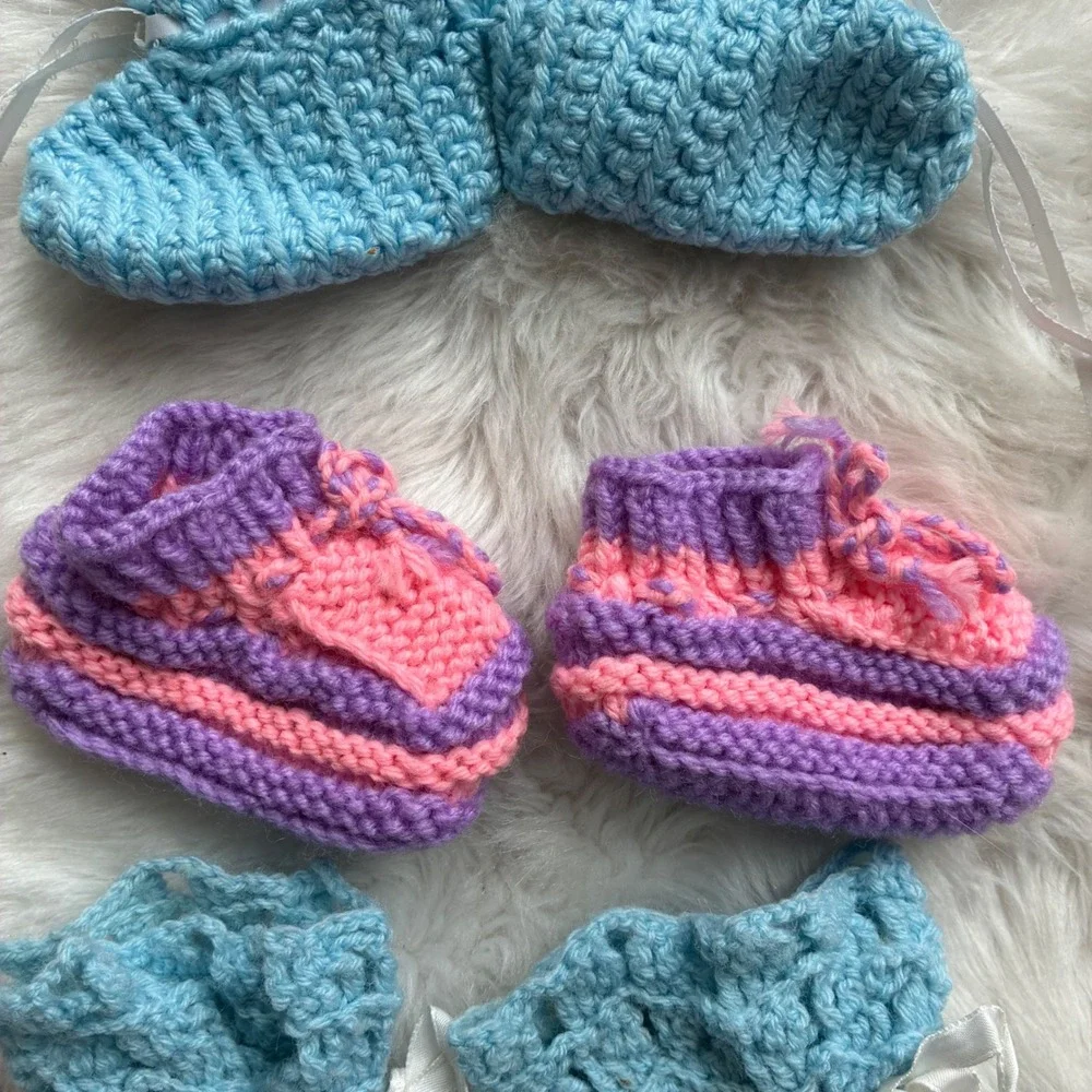 Vintage Handknit Baby Booties Bundle 3 Pairs Blue Pink Purple Crochet Slippers